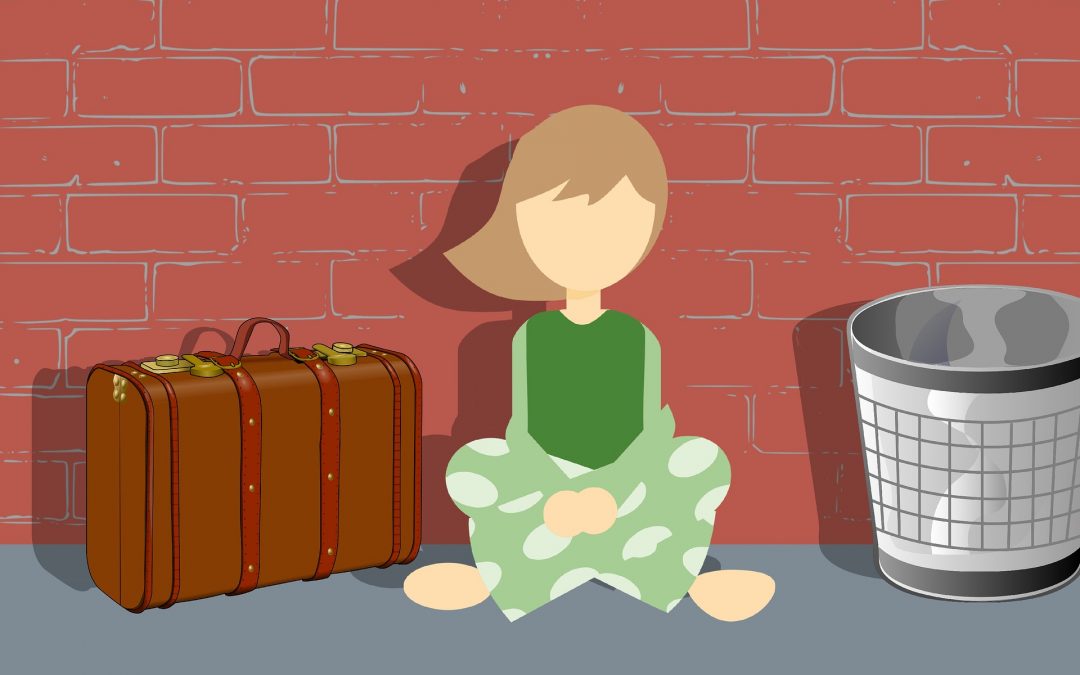 Graphic of a cartoon girl with a suitcase and a empty bin on her side, sitting on the ground cross-legged.